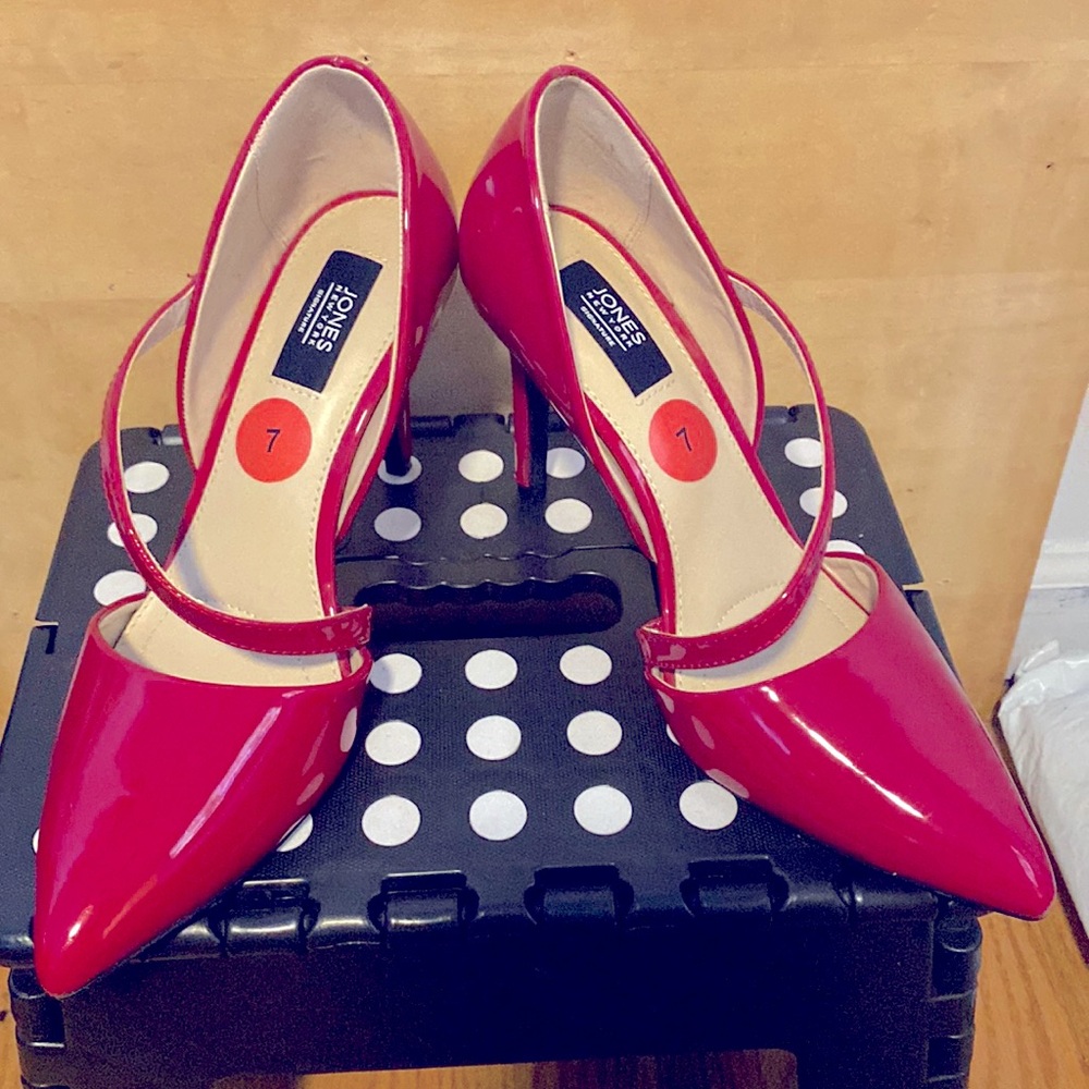 Red leather small heel strap pumps